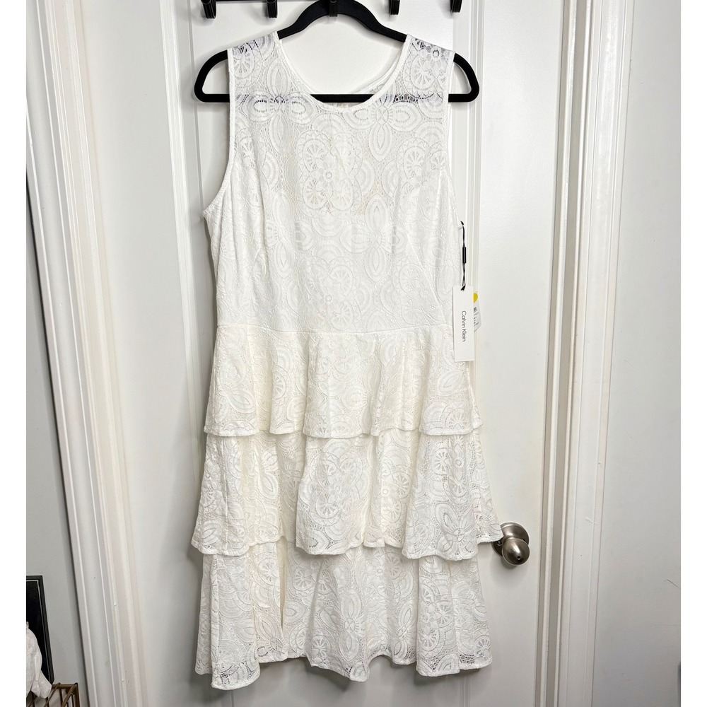Calvin Klein White Lace Tiered Dress Sleeveless Wedding Event Size 14 NWT